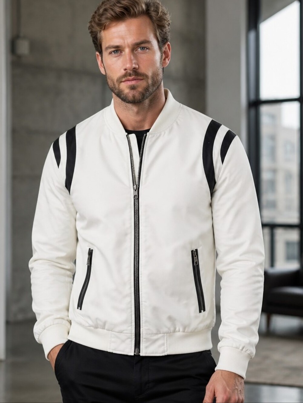 Men's White Bomber Jacket with Black Trim